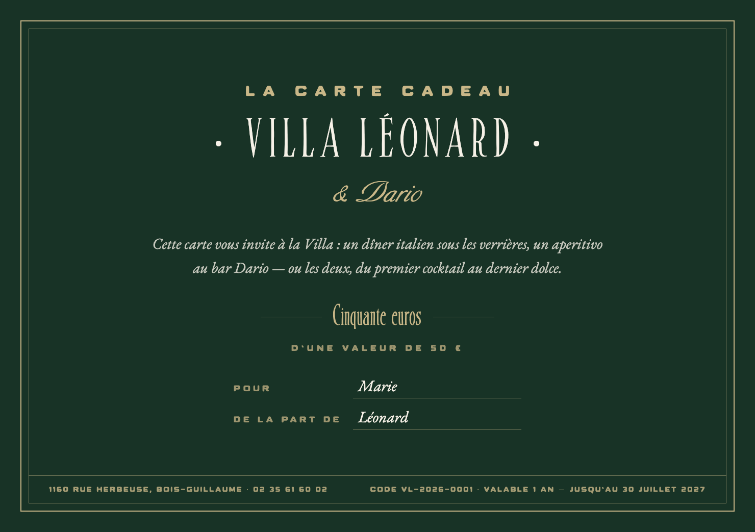 Aperçu du bon cadeau Villa Léonard & Dario : vert profond, double filet or, champs Pour et De la part de